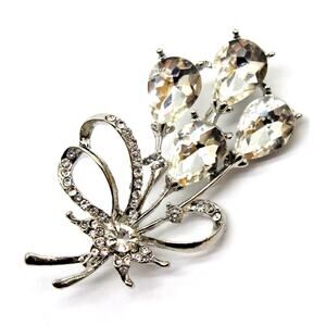 Sparkling Rhinestone Flower Brooch Pin Four Stems Bows • Crystal Clear